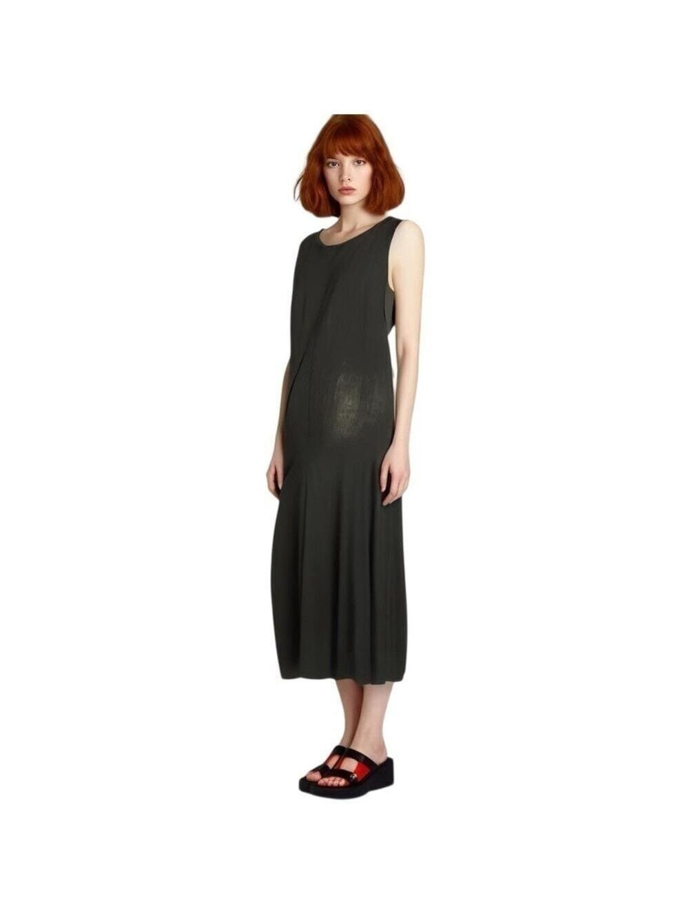 CHICO’S Black Travelers Midi Dress Sleeveless Front Off Center Split Size 2 VGC